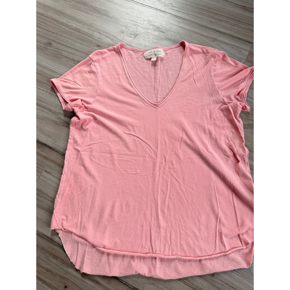 Cloth & Stone Pink V-Neck Short Sleeve High-Low Raw Hem Cotton Tee Medium
